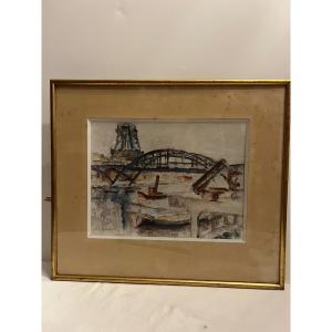 Painting Passerelle Debilly Paris, Signed Victor Guillaume, Watercolor On Paper. 