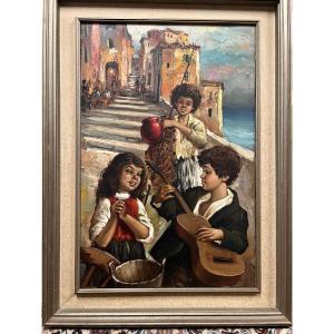 Italian Painting, Joy Of Children, Signed, Nimo Salvadori, 1918