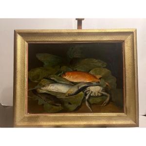 Still Life With Fish Painting Signed Auguste Petit 1824