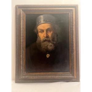 Painting Portrait Of A Man With Helmet, Re-lined New Frame, Very Good Quality. 