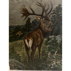 Painting The Deer King Of Our Forest Signed, Heinrich Rech 1911.