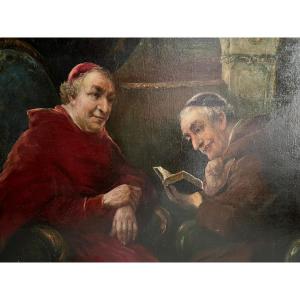 Painting Two Monks Reading A Book Signed Fritz Dietrich Excellent Quality. 