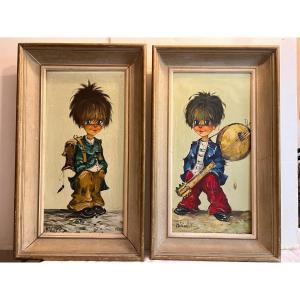 Two Original Poulbots Paintings Signed Michel Thomas, Painter 1937-2014.