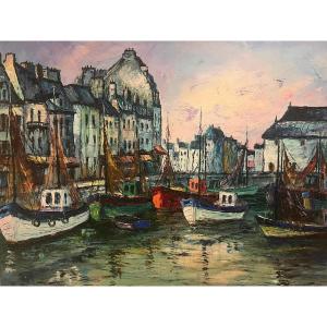 Painting Of A Sailboat Port Signed Yves Gonec 20th Century. 