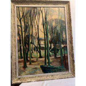 Landscape Painting Signed Jeanne Klepper 20th Century Born In Troyes Exhibition Label On The Back. 