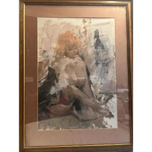 Painting Swiss School Half-nude Woman, Gouache On Paper Signed Illegible.