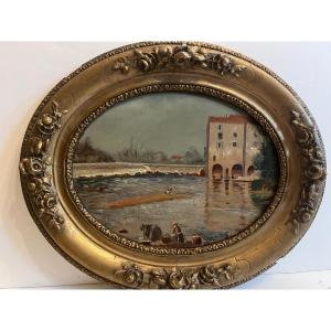 19th Century Animated Landscape Painting, Rest Of Signature Bas D. Oil On Wood. 