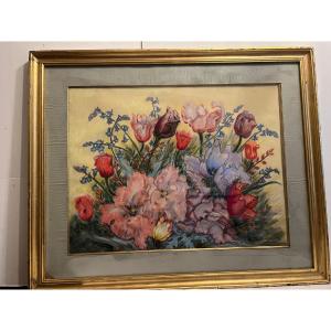 Painting Bouquet Of Tulips Signed De La Roche, Pastel On Paper.