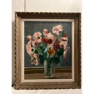 Painting Vase Of Flowers Signed Illegible, Oil On Canvas, Sculpted Wooden Frame. 