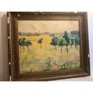 Painting Countryside Landscape With Village In The Distance, Signed Jeanne Klepper Born In Troyes. 
