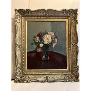Painting Vase Of Flowers Signed Roger Guit 1899-1978, Very Beautiful Sculpted Wooden Frame. 