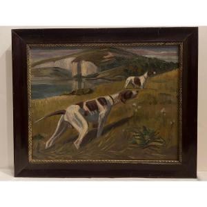 Hunting Dog Painting Signed Fernand Pierre Coustons 1876-1973