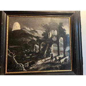 19th Century Painting Bear Hunt Signed Peraté