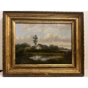 Animated Countryside Painting Signed Illegible Beautiful Mahogany Panel. 