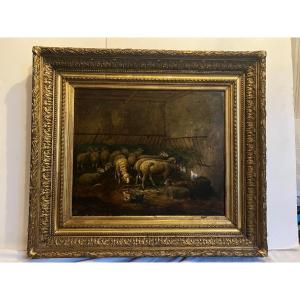 Painting Sheepfold Hens And Sheep Signed Simion, Beautiful Frame.dre, Beautiful Frame. 