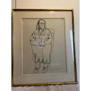 Painting Portrait Old Woman Signed Pierre Ambrogiani 1907 - 1988 , Drawing On Paper.
