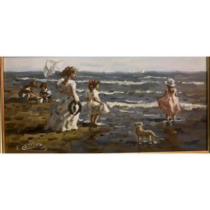 Painting Mother And Children At The Beach Signed Francis Cristaux Born 1956.