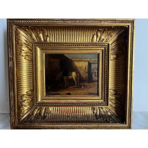 Painting Of A Horse In A Stable With Hens And A Shell. Signed With Monogram, Lower Right. 