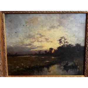 A Very Pretty Painting Of A Lakeside Landscape With Fishermen. 