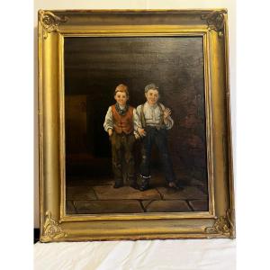 Italian Painting "the Two Friends", Signed Illegibly, Period Frame. 