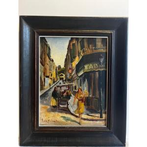 Painting Of A Landscape In Paris, Montmartre, Depicting A Woman Buying Flowers, Signed Jean M...
