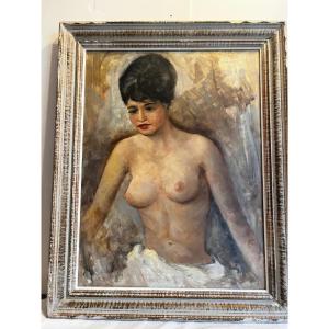 Painting Of A Pretty Woman With Nude Breasts, 1960s, Oil On Wood. 
