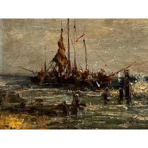 Marine Painting Signed Paul Hermans 1898-1972, Oil On Canvas Mounted On Wood. 