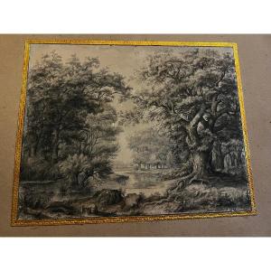 Painting, Drawing Under Magnification, Landscape, High Quality, Illegible Signature, First Half Of The 19th Century.