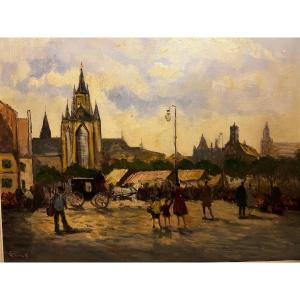 Painting Flower Market, Illegibly Signed 1904, Oil On Canvas 