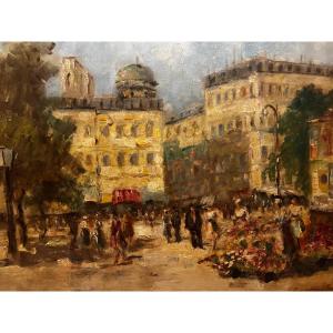 Painting "flower Market", Illegibly Signed, Oil On Canvas. 