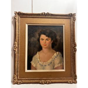 Painting Portrait Of A Young Woman Signed Pierre Robert Lucas, 1913-1978.