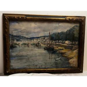 Watercolor Painting Hemebont S Blavet 1931, Signed Ja Veyre.