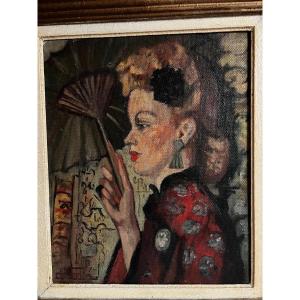 Painting Of An Elegant Woman With Her Parasol, Illegible Signature. 