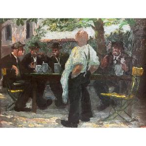 Painting "the Table Of Regulars" Signed Höger, Oil On Canvas. 
