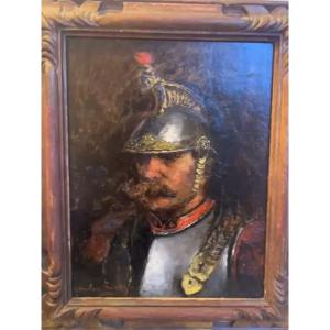Painting Portrait Of A Soldier In Armor Signed Theodore Lévigne 1848-1912