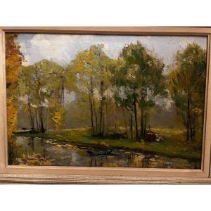 Very Beautiful Painting, Landscape Fisherman At Rest, Illegible Signature, Oil On Wood. 