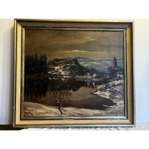 Landscape Painting Under The Snow, Signed Illegible, Oil On Canvas 