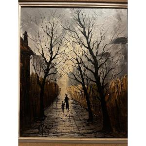 Landscape Painting, Autumn Walk, Illegible Signature, Oil On Canvas. 