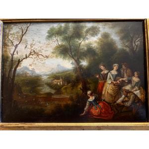 Painting Of A Festive Scene In A Park, Signed Lancret, Oil On Panel. 