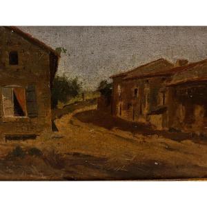 Village Street Painting, Location And Name Of The Painter On The Back. 