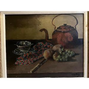 Still Life Painting, Signed, Illegible, Oil On Canvas 
