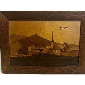 Alsatian Landscape Marquetry Painting, Signed Aufderbruek, Located In Orschwiller.