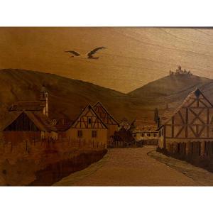 Alsatian Landscape Marquetry Painting, Signed Aufderbruek, Located In Mittelbergbum.