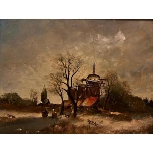 19th Century Painting, Dutch Landscape, Oil On Oak Wood. 
