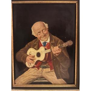 Painting Portrait Of A Man With A Guitar, Alessandro Sani, 1856-1927.