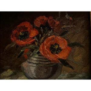 Painting Of A Vase Of Flowers, Signed, D. Kirsch, Oil On Cardboard.