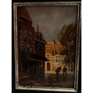 Painting Of A Street Scene, Oil On Copper, Label On The Back, Arz-heinrich