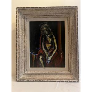 Table Art Païen Signé Jean Py, Le Christ à La Couronne Oil On Canvas.