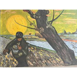 Painting The Sower Oil On Wood XX ème.