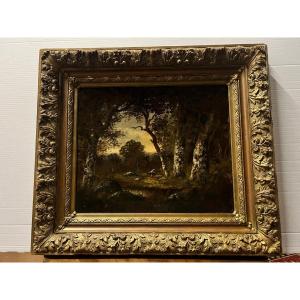 Barbison Landscape Painting In Its 19th Century Frame Oil On Canvas.